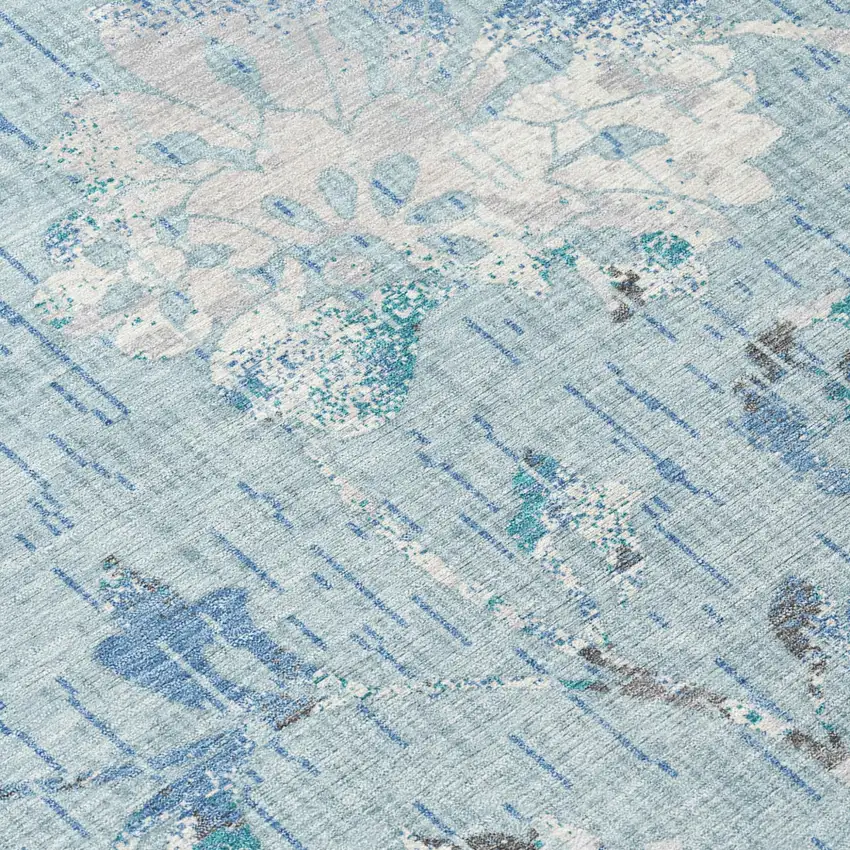 Sky Blue And Blue Floral Washable Indoor Outdoor Area Rug Photo 5