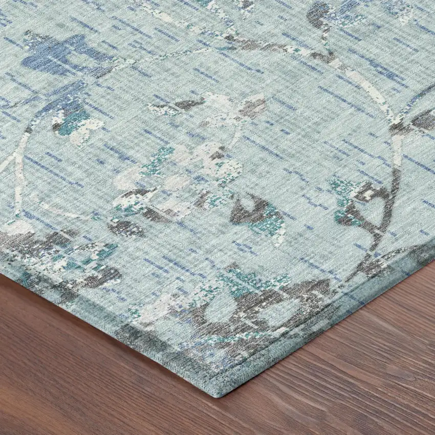 Sky Blue And Blue Floral Washable Indoor Outdoor Area Rug Photo 4