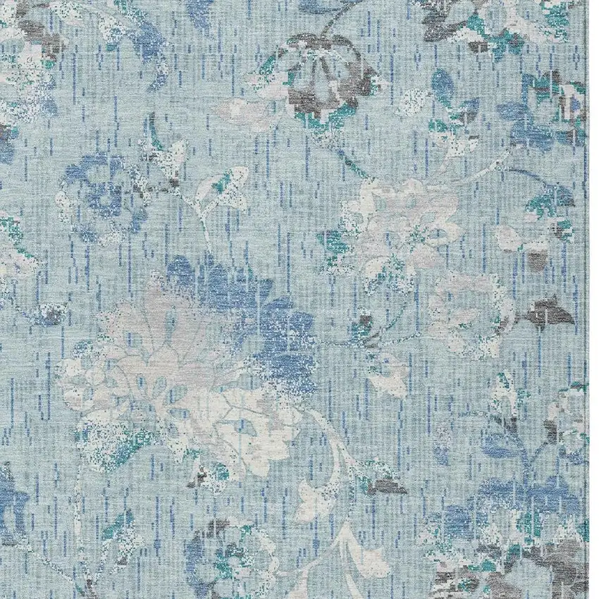 Sky Blue And Blue Floral Washable Indoor Outdoor Area Rug Photo 2