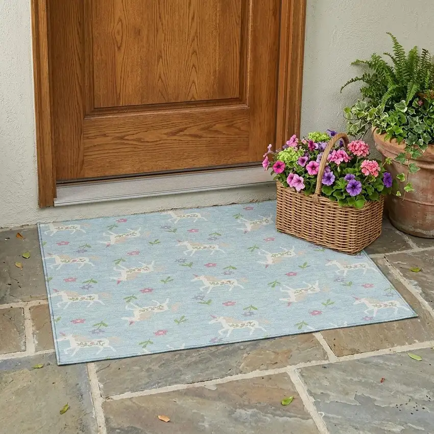Sky Blue And Blue Floral Washable Indoor Outdoor Area Rug Photo 1