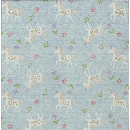 Sky Blue And Blue Floral Washable Indoor Outdoor Area Rug Photo 6