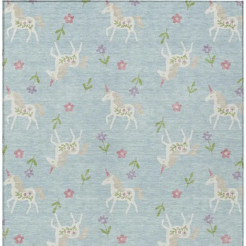 Sky Blue And Blue Floral Washable Indoor Outdoor Area Rug Photo 6