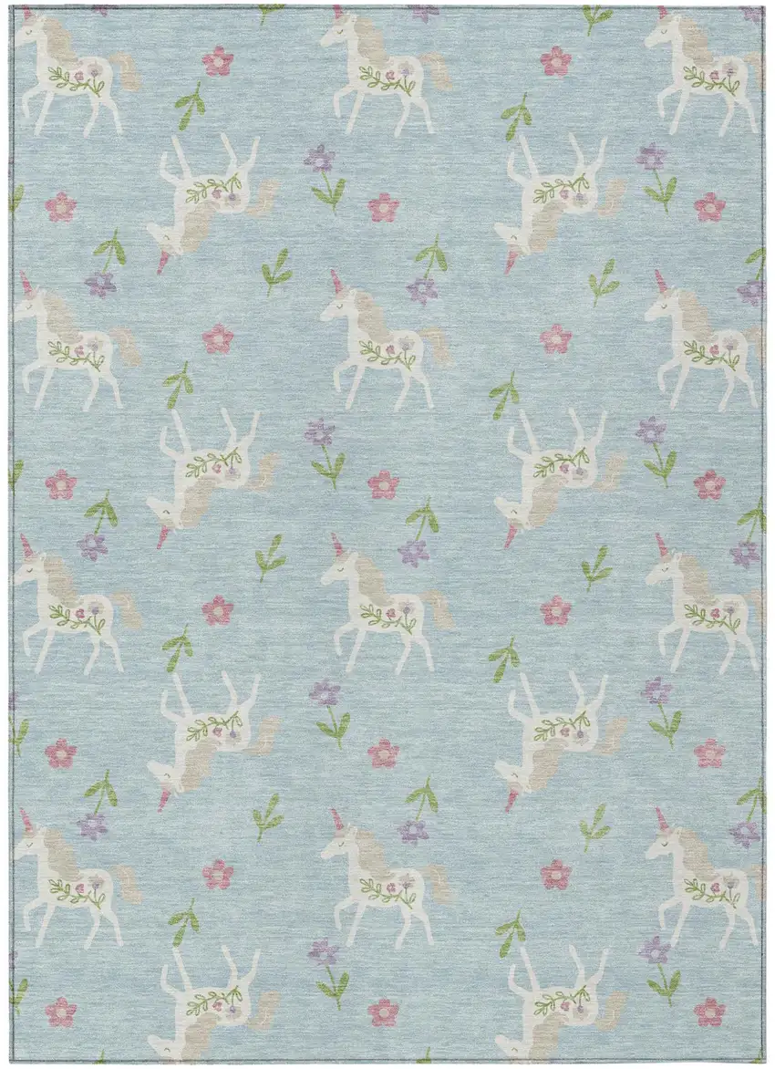 Sky Blue And Blue Floral Washable Indoor Outdoor Area Rug Photo 2