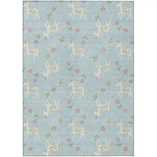 Sky Blue And Blue Floral Washable Indoor Outdoor Area Rug Photo 2
