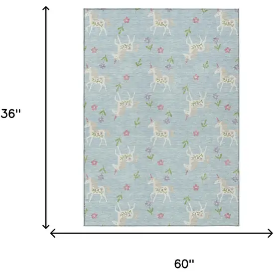 Sky Blue And Blue Floral Washable Indoor Outdoor Area Rug Photo 9