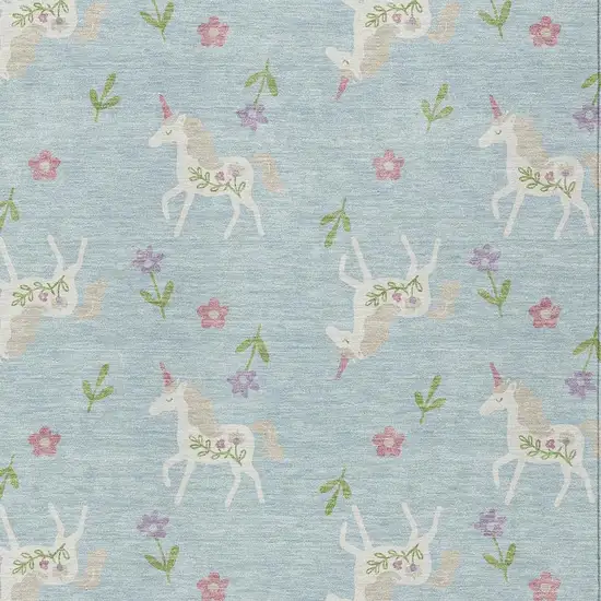 Sky Blue And Blue Floral Washable Indoor Outdoor Area Rug Photo 3