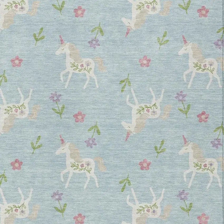 Sky Blue And Blue Floral Washable Indoor Outdoor Area Rug Photo 3