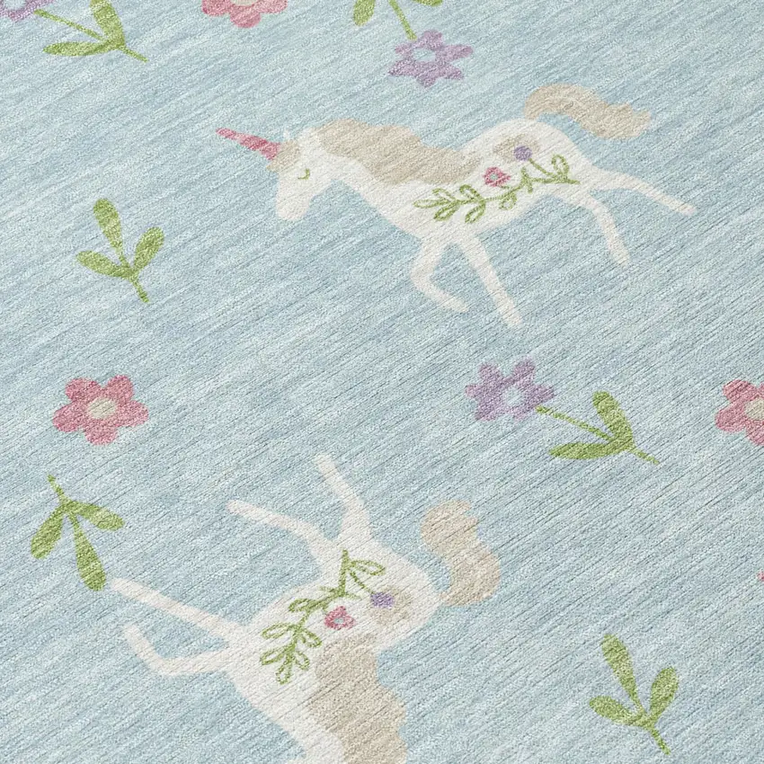 Sky Blue And Blue Floral Washable Indoor Outdoor Area Rug Photo 8