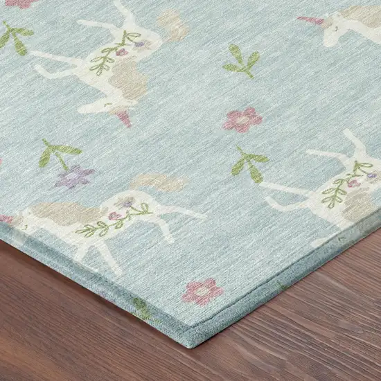 Sky Blue And Blue Floral Washable Indoor Outdoor Area Rug Photo 7