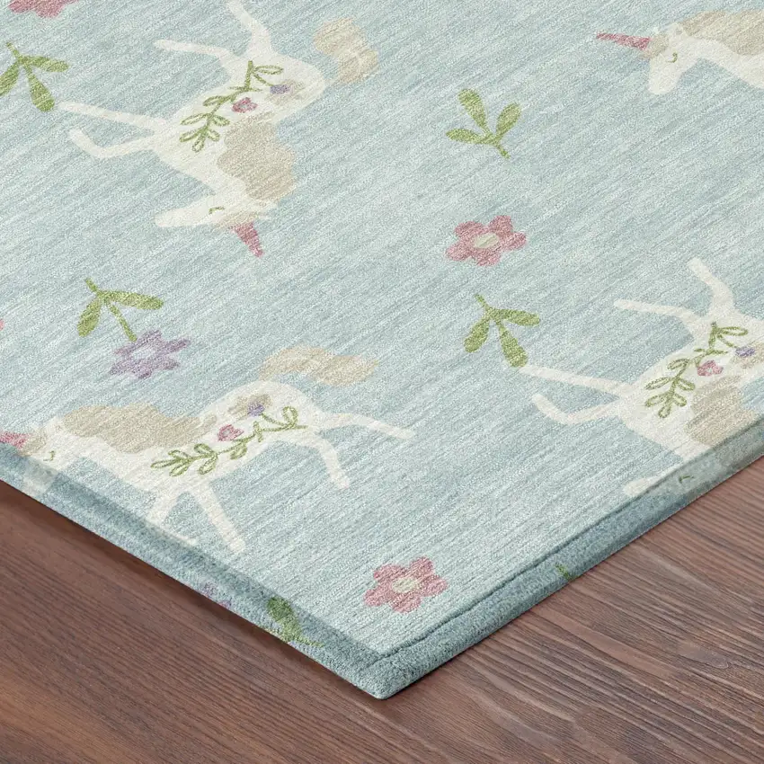 Sky Blue And Blue Floral Washable Indoor Outdoor Area Rug Photo 7