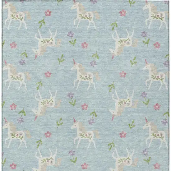 Sky Blue And Blue Floral Washable Indoor Outdoor Area Rug Photo 4