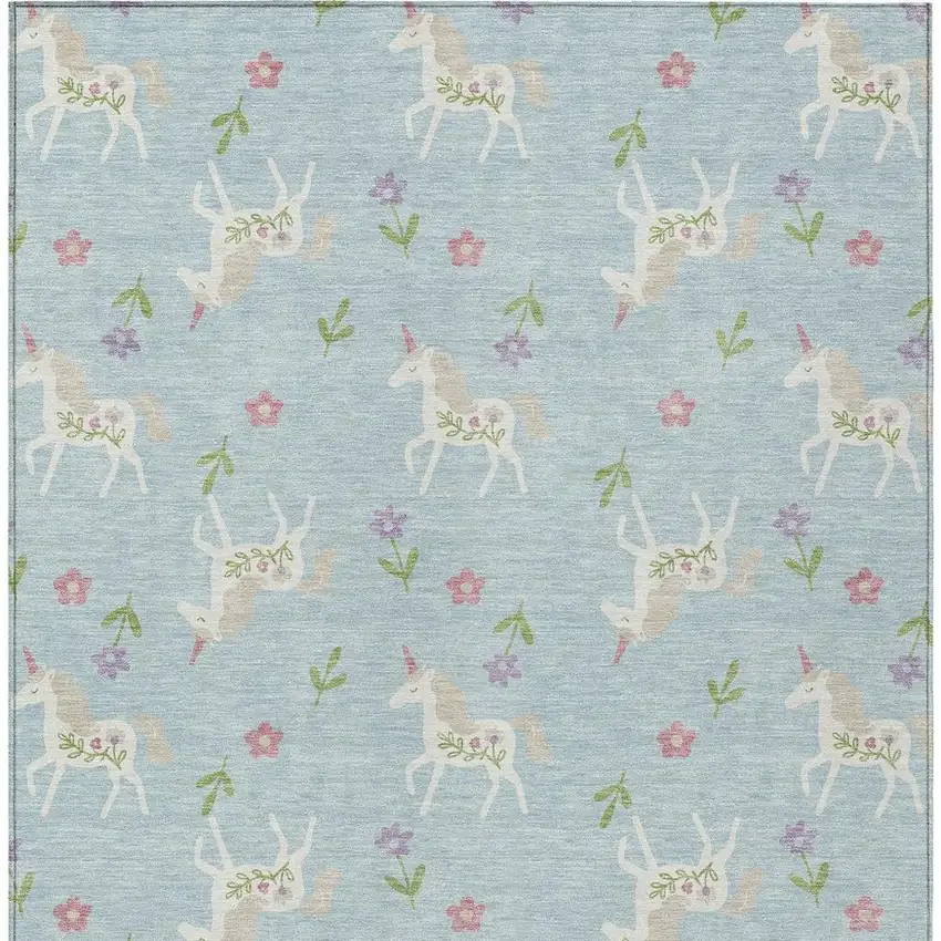Sky Blue And Blue Floral Washable Indoor Outdoor Area Rug Photo 4