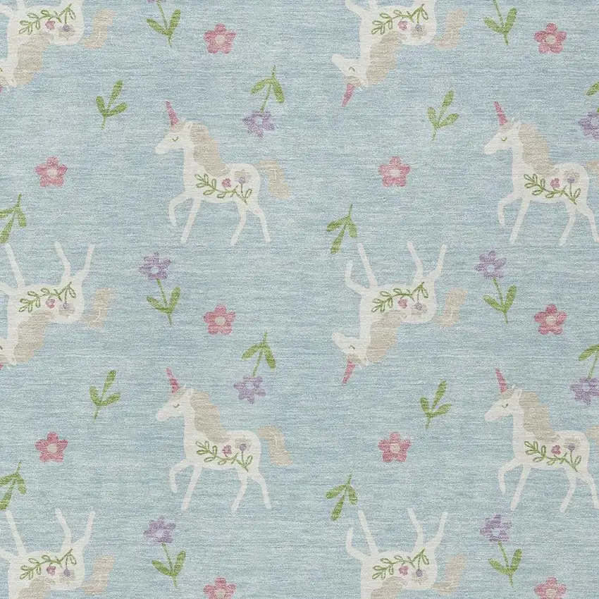 Sky Blue And Blue Floral Washable Indoor Outdoor Area Rug Photo 3