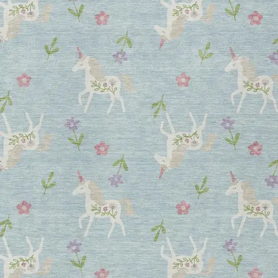 Sky Blue And Blue Floral Washable Indoor Outdoor Area Rug Photo 3