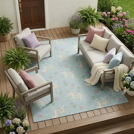 Sky Blue And Blue Floral Washable Indoor Outdoor Area Rug Photo 1