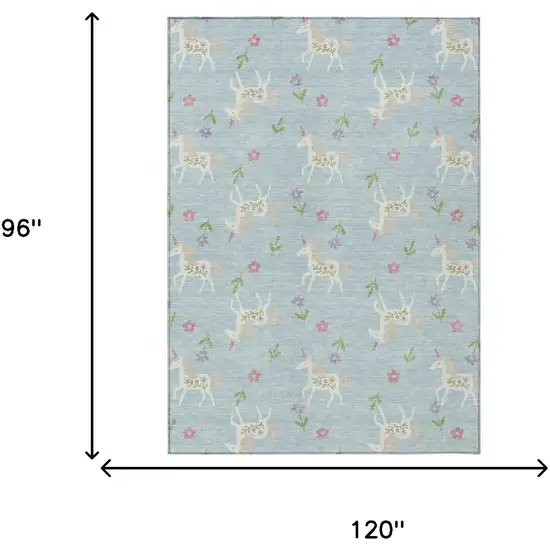 Sky Blue And Blue Floral Washable Indoor Outdoor Area Rug Photo 9
