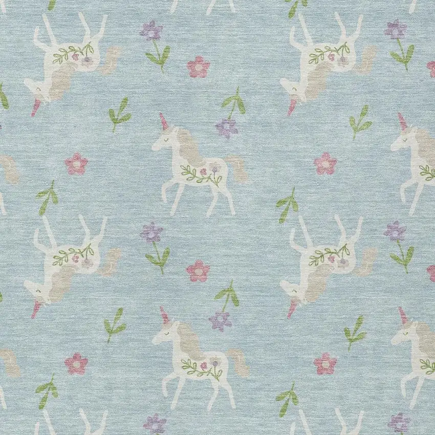 Sky Blue And Blue Floral Washable Indoor Outdoor Area Rug Photo 5