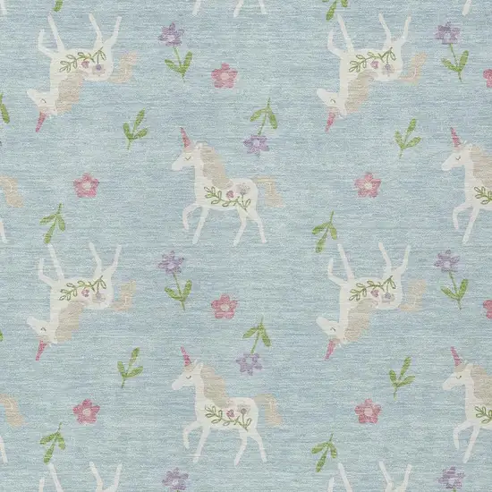 Sky Blue And Blue Floral Washable Indoor Outdoor Area Rug Photo 5