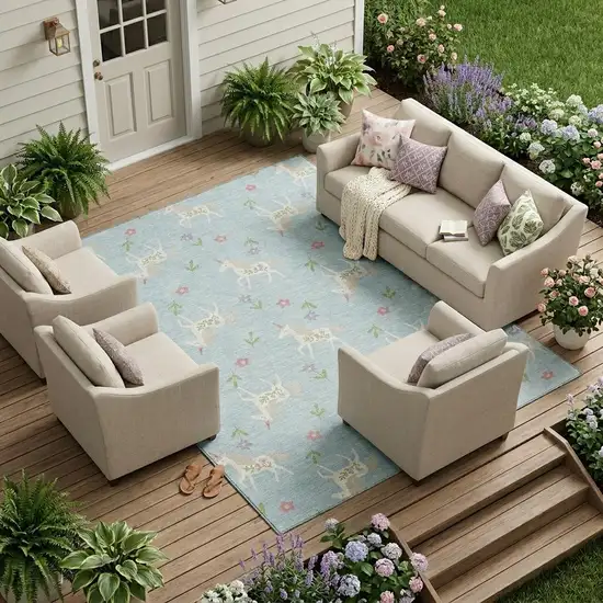 Sky Blue And Blue Floral Washable Indoor Outdoor Area Rug Photo 1