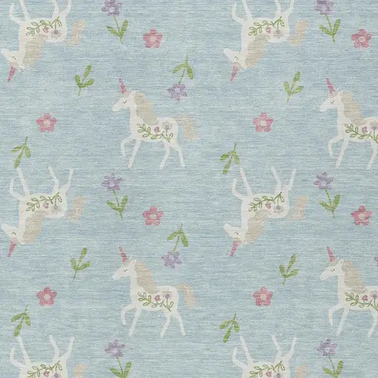 Sky Blue And Blue Floral Washable Indoor Outdoor Area Rug Photo 6
