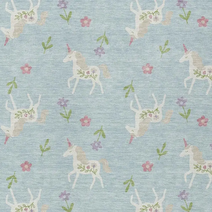Sky Blue And Blue Floral Washable Indoor Outdoor Area Rug Photo 6