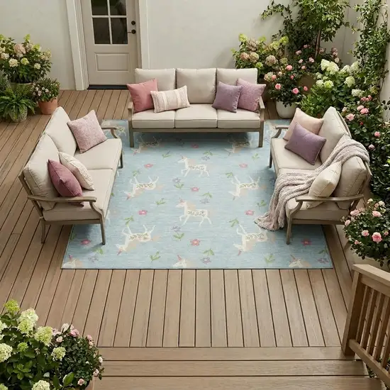 Sky Blue And Blue Floral Washable Indoor Outdoor Area Rug Photo 1