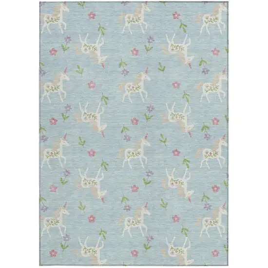 Sky Blue And Blue Floral Washable Indoor Outdoor Area Rug Photo 4