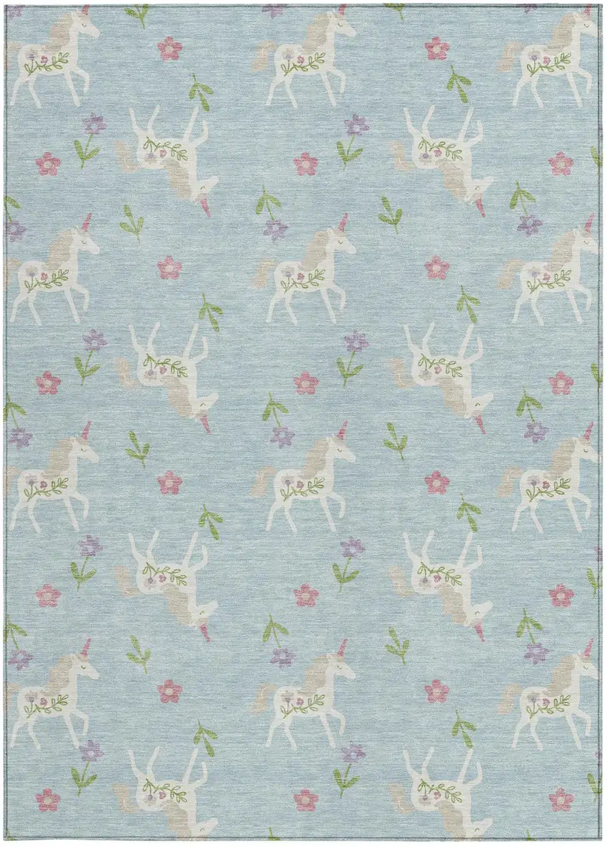 Sky Blue And Blue Floral Washable Indoor Outdoor Area Rug Photo 4