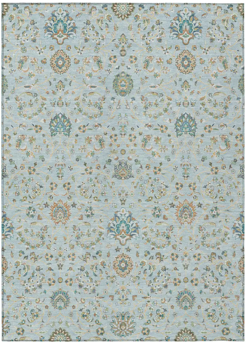 Sky Blue And Blue Floral Washable Indoor Outdoor Area Rug Photo 2