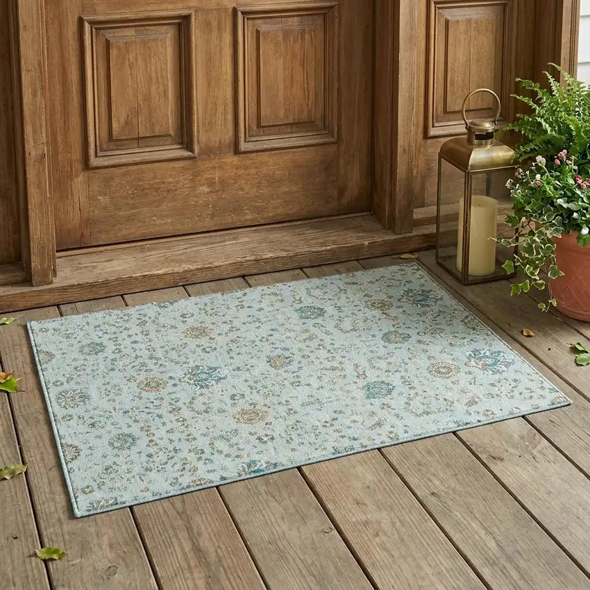 Sky Blue And Blue Floral Washable Indoor Outdoor Area Rug Photo 1