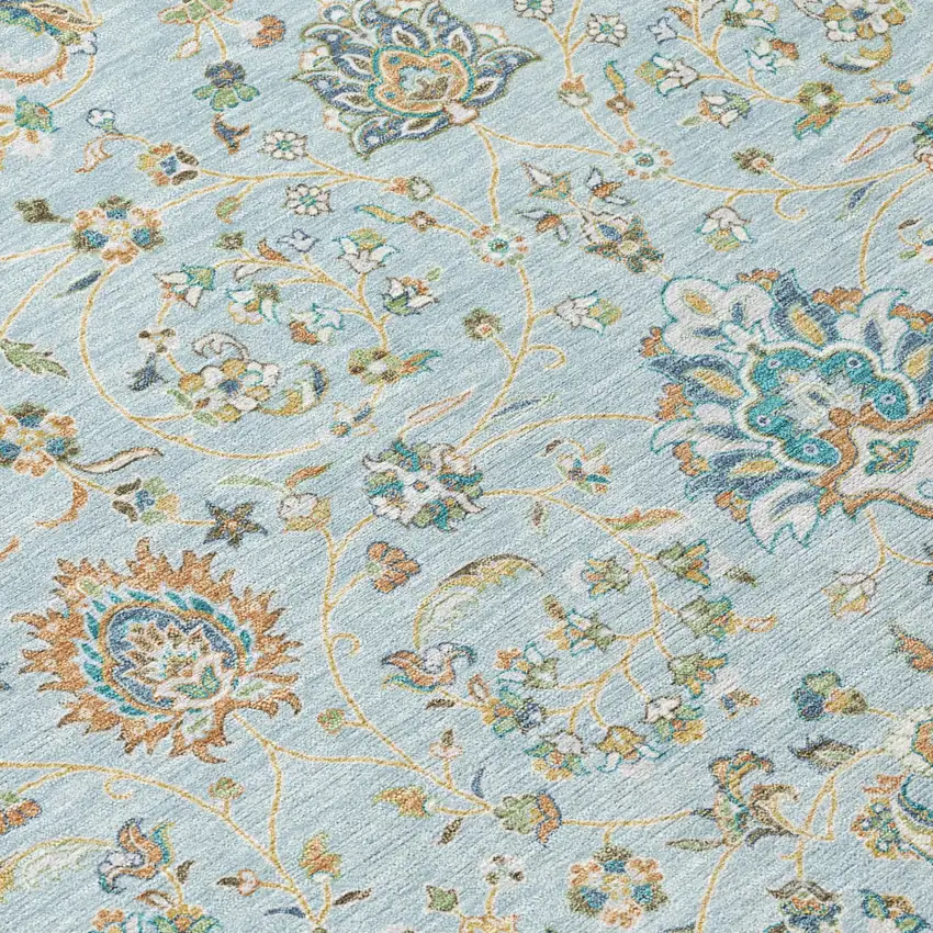 Sky Blue And Blue Floral Washable Indoor Outdoor Area Rug Photo 4