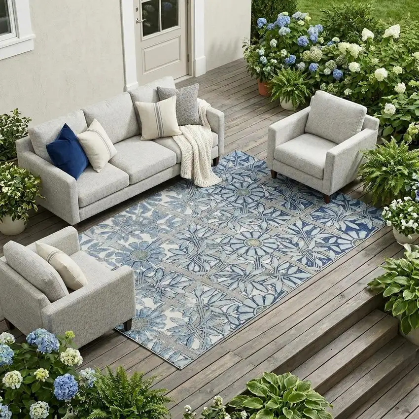 Sky Blue And Blue Floral Washable Indoor Outdoor Area Rug Photo 1