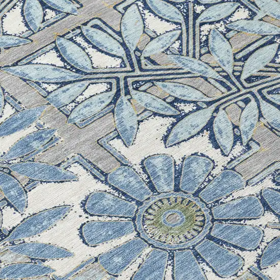 Sky Blue And Blue Floral Washable Indoor Outdoor Area Rug Photo 4