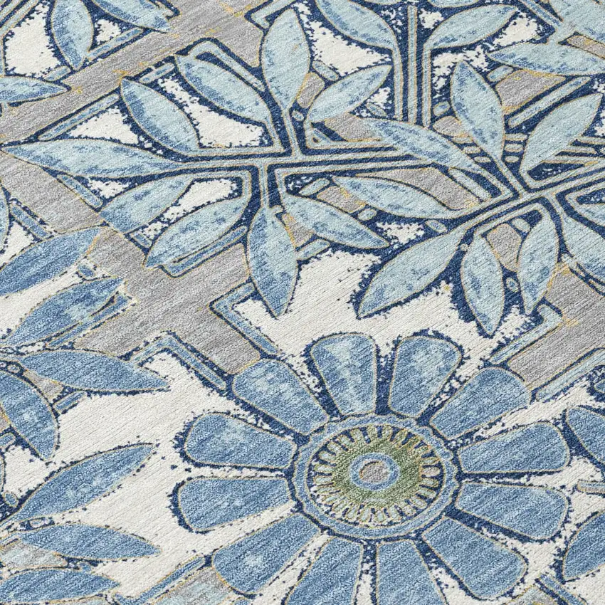 Sky Blue And Blue Floral Washable Indoor Outdoor Area Rug Photo 4