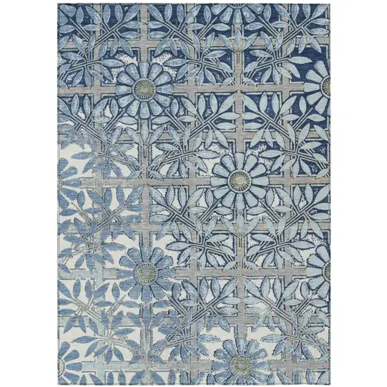 Sky Blue And Blue Floral Washable Indoor Outdoor Area Rug Photo 2