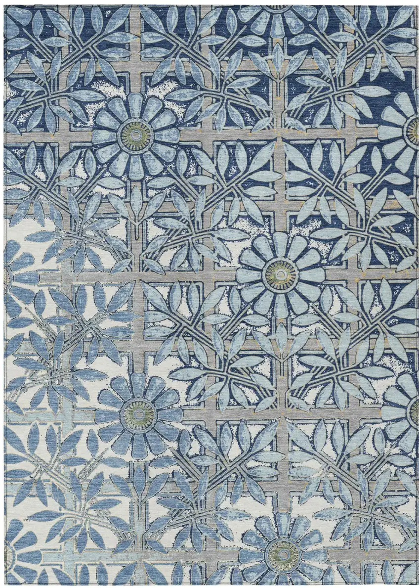Sky Blue And Blue Floral Washable Indoor Outdoor Area Rug Photo 2