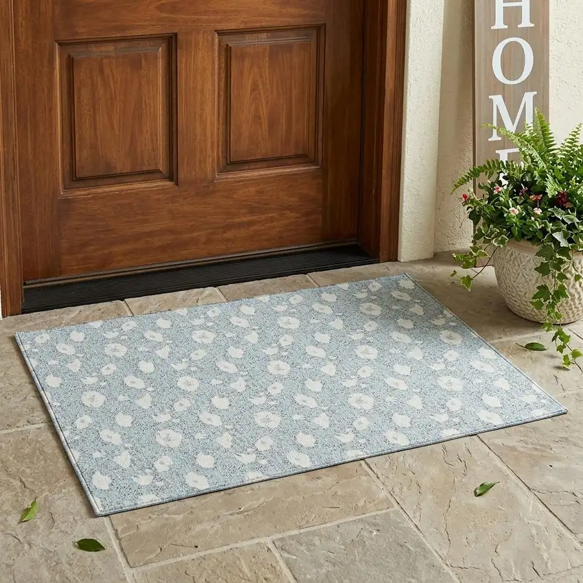 Sky Blue And Blue Floral Washable Indoor Outdoor Area Rug Photo 1