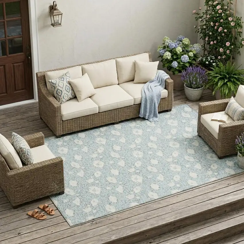 Sky Blue And Blue Floral Washable Indoor Outdoor Area Rug Photo 1