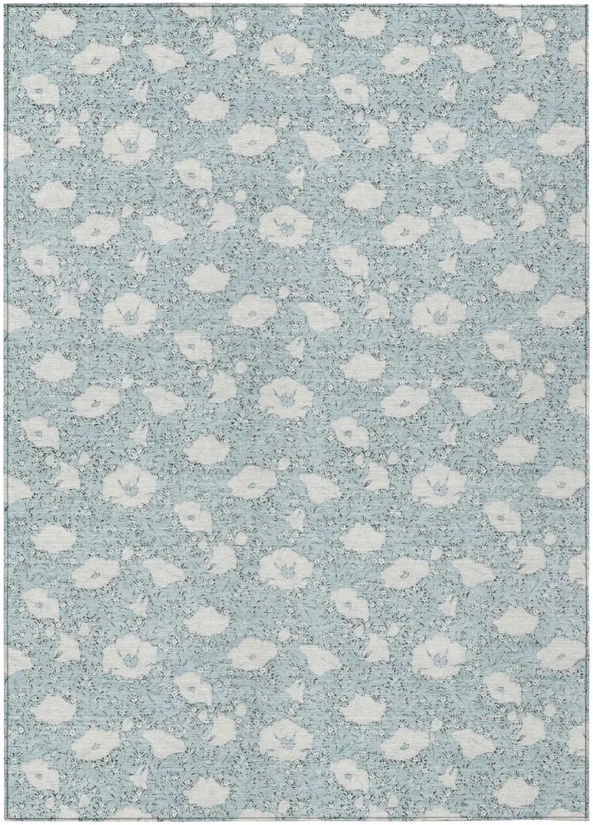 Sky Blue And Blue Floral Washable Indoor Outdoor Area Rug Photo 2