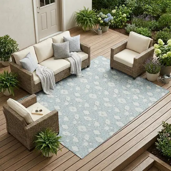 Sky Blue And Blue Floral Washable Indoor Outdoor Area Rug Photo 1