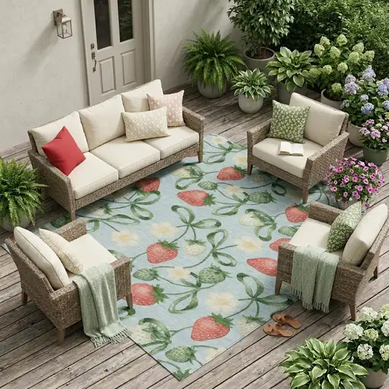 Sky Blue And Blue Floral Washable Indoor Outdoor Area Rug Photo 1