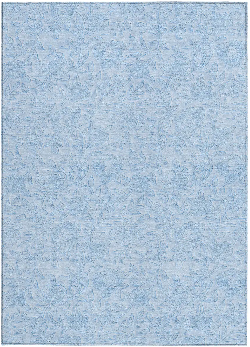 Sky Blue And Blue Floral Washable Indoor Outdoor Area Rug Photo 7