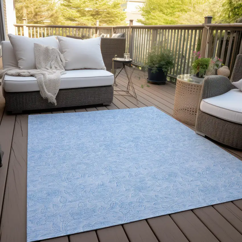 Sky Blue And Blue Floral Washable Indoor Outdoor Area Rug Photo 8