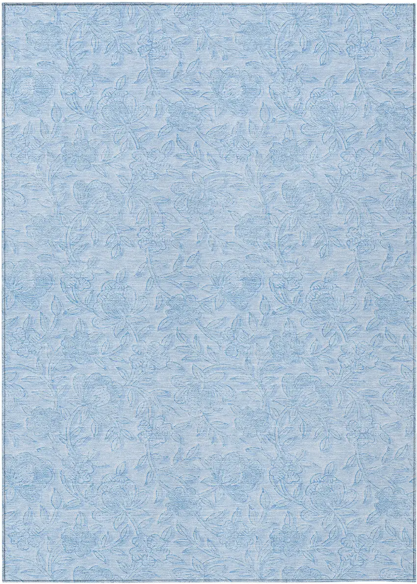Sky Blue And Blue Floral Washable Indoor Outdoor Area Rug Photo 2