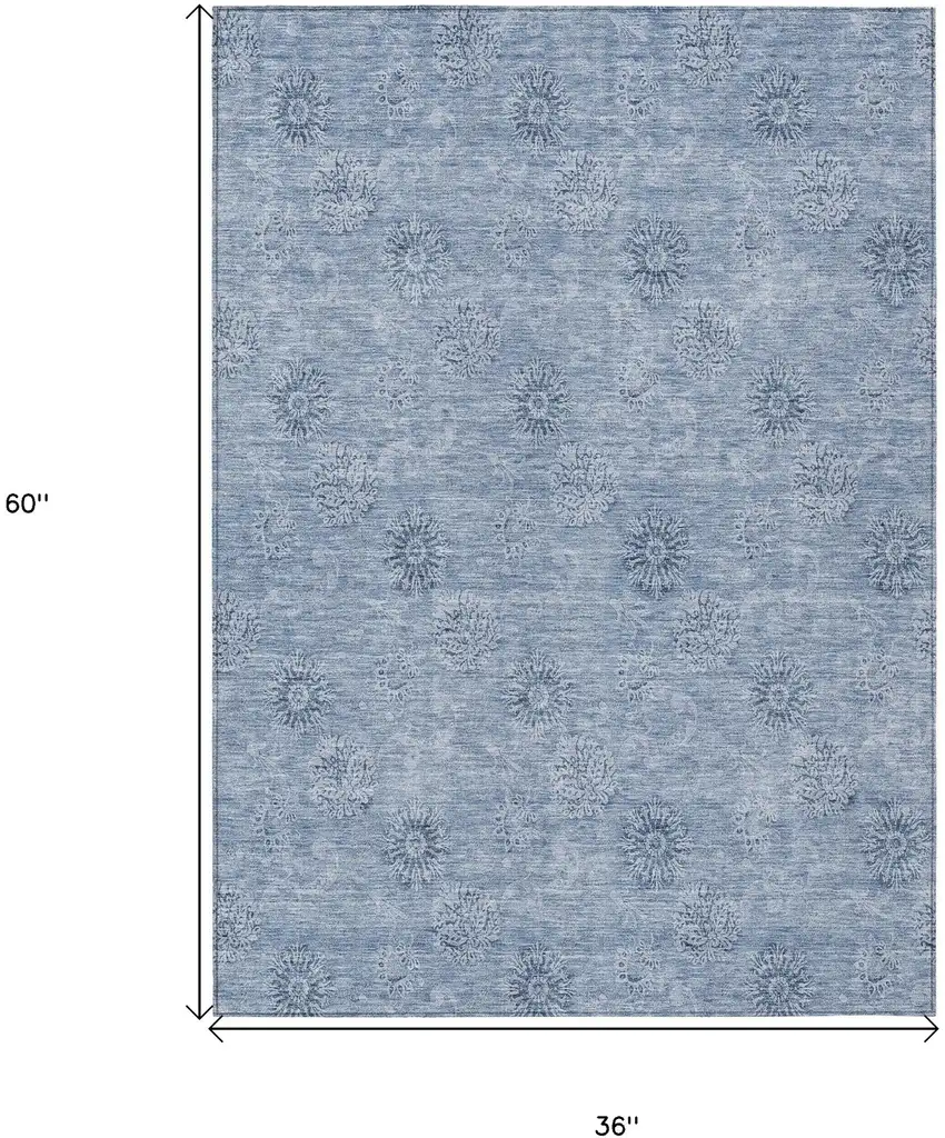 Sky Blue And Blue Floral Washable Indoor Outdoor Area Rug Photo 7