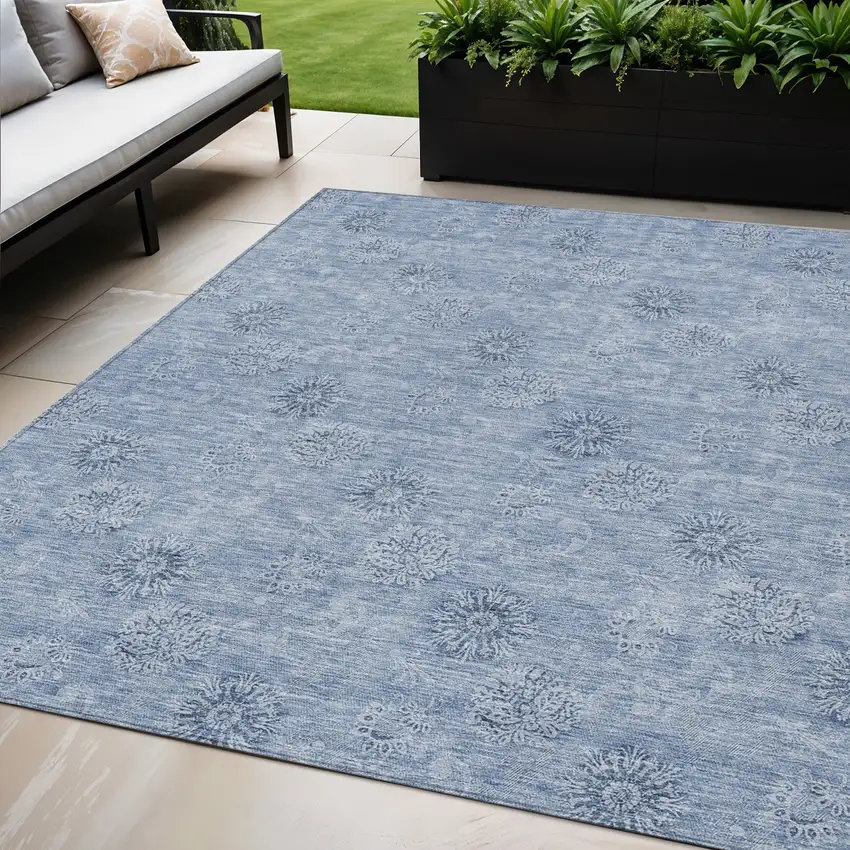 Sky Blue And Blue Floral Washable Indoor Outdoor Area Rug Photo 1
