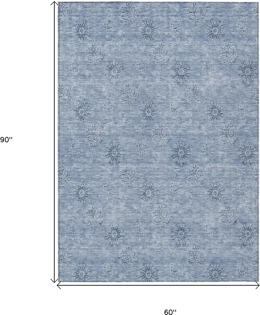 Sky Blue And Blue Floral Washable Indoor Outdoor Area Rug Photo 3