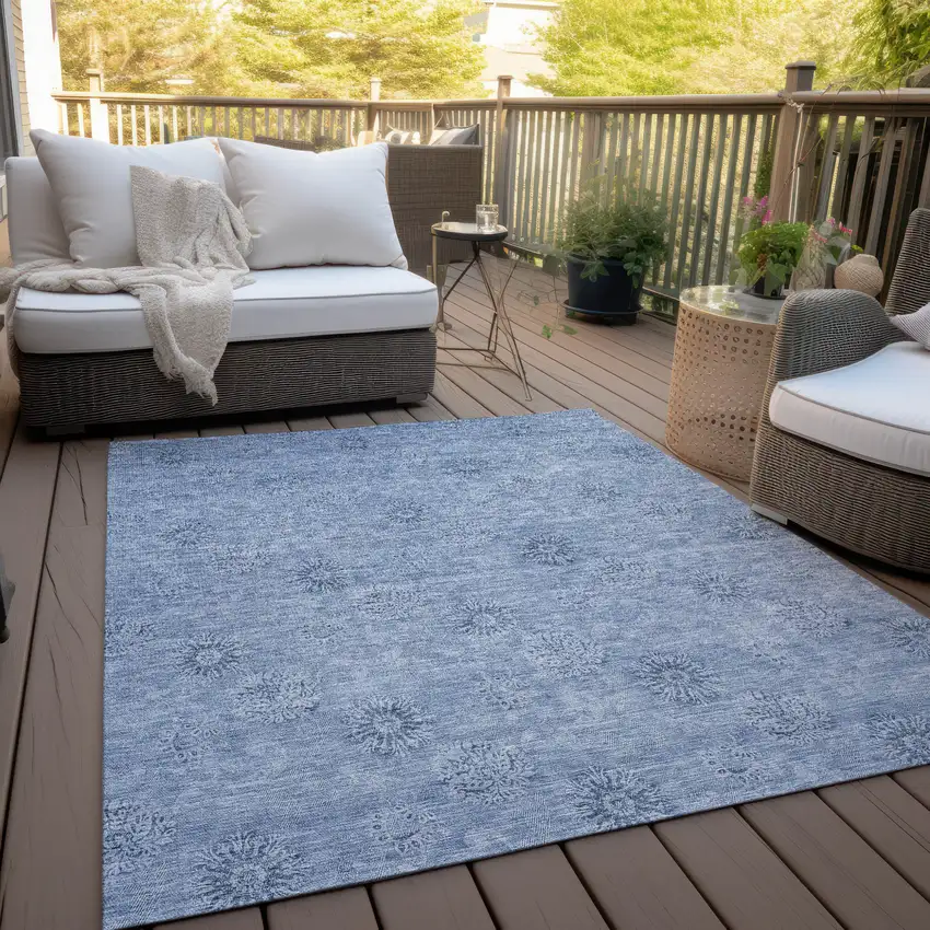 Sky Blue And Blue Floral Washable Indoor Outdoor Area Rug Photo 9