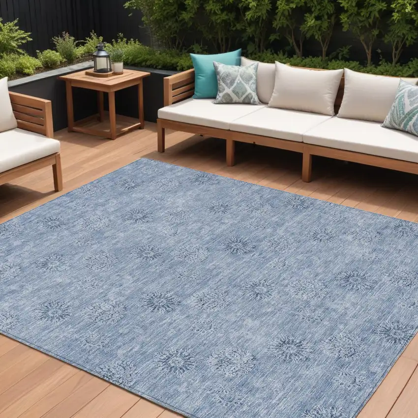 Sky Blue And Blue Floral Washable Indoor Outdoor Area Rug Photo 1