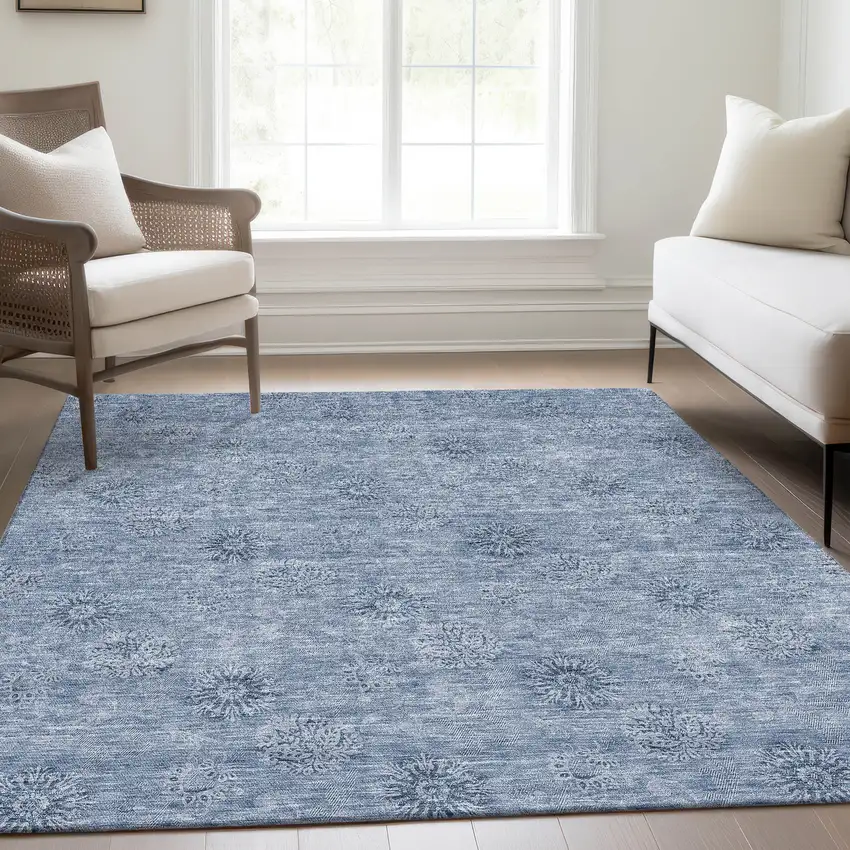 Sky Blue And Blue Floral Washable Indoor Outdoor Area Rug Photo 8